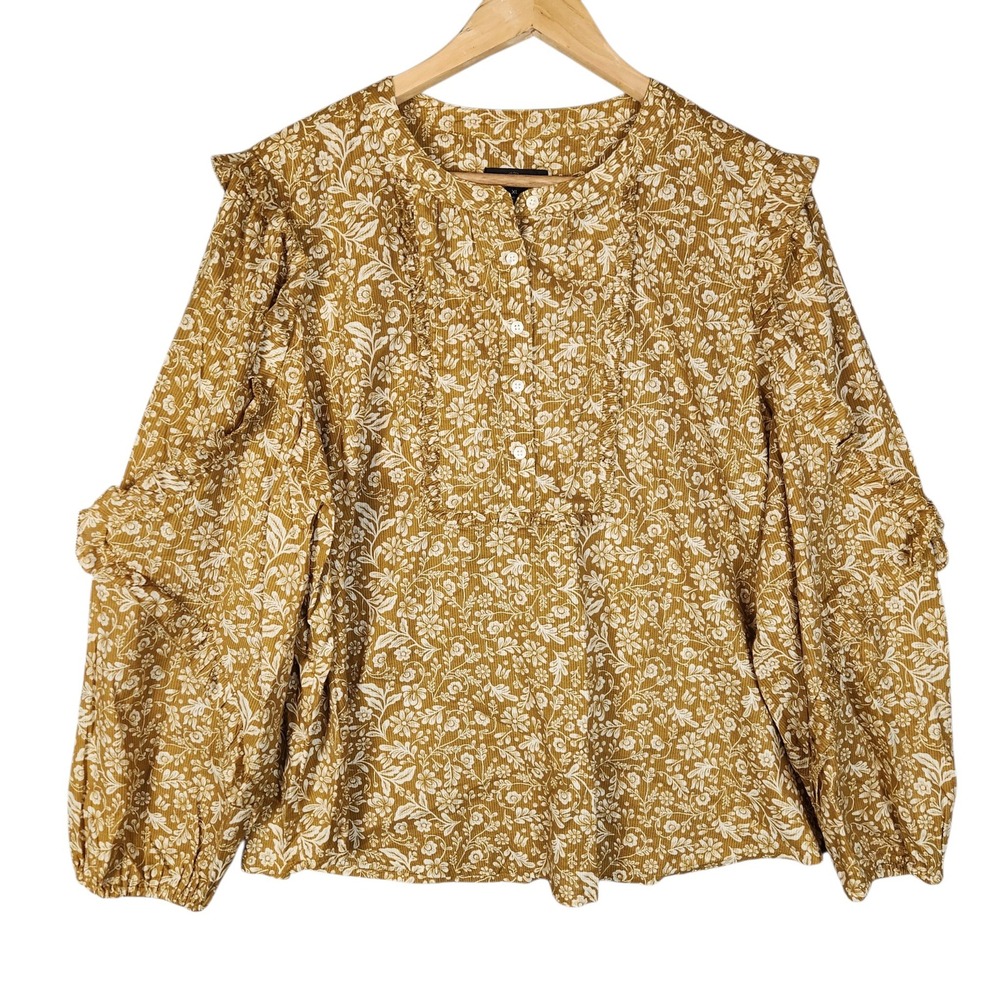J. Crew Blouse XL Yellow Floral Ruffle Puff Sleeve Button Front Cottagecore